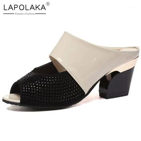 

lapolaka 2020 women mules sandals spike heels peep toe slip-on crystal pumps summer leisure woman shoes1, Black