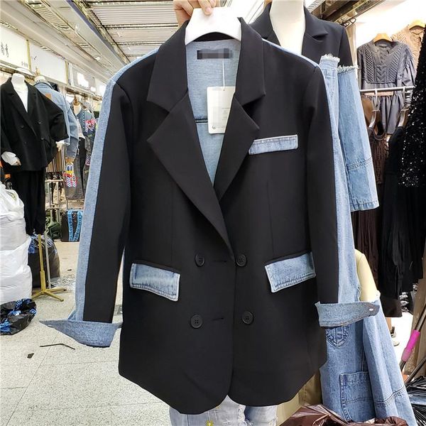 

ewq] 2020 autumn new long-sleeved denim splicing jacket large size trend ladies casual overcoat khaki blazer suits outwear, White;black