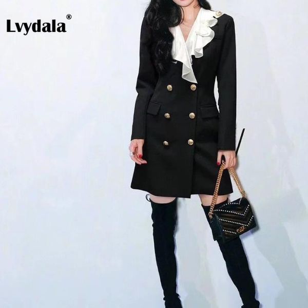 

lvydala ladies' spring autumn runway fashion full sleeve v-neck ruffle stylis black party club dress1, Black;gray