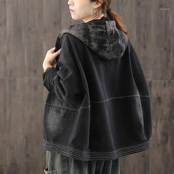 

new arrival spring autumn arts style women long sleeve print hooded short coat cotton denim loose casual vintage jackets s1031, Black;brown