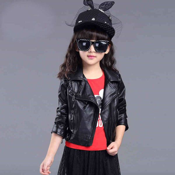 

2020 middle spring clothing children's coat big girl zipper long sve cardigan versatile pu leather cloth 2ofi, Black