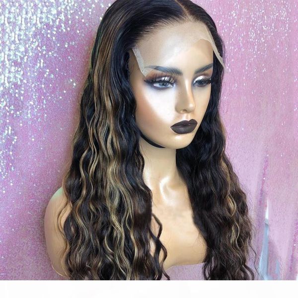 

предварительно щипковых natutal hairline 13x6 фронта шнурка remy человеческих волос парики естественная волна honey blonde highlight brown 1, Black;brown