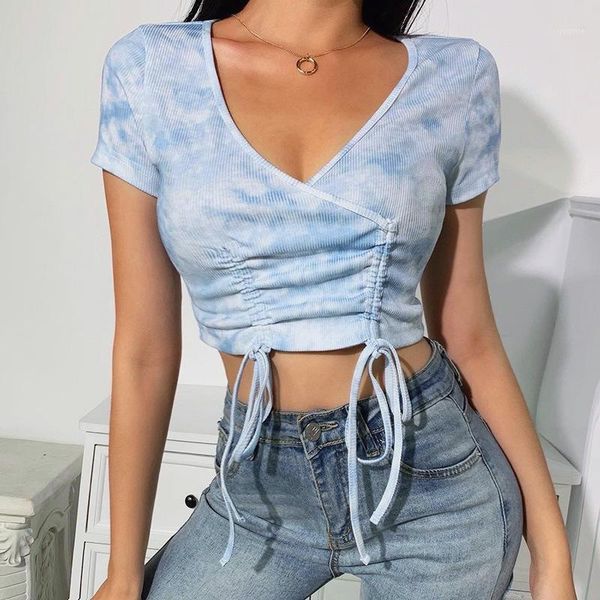

summer women tie-dyed print slim knit crop lace up short sleeve casual t shirt 2020 fashion female streetwear 1, White