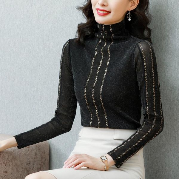 

chikichi clothing women new fleece thickened turtleneck black panel striped gilding long sleeve bottoming shirt for women, White