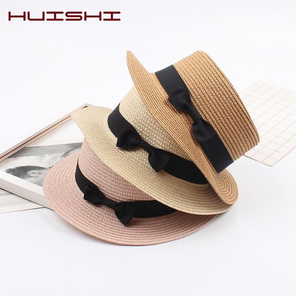 

five fingers gloves huishi straw hat colorful bowtie parent-child panama cap women girls sun beach ladies fashion flat brim summer caps, Blue;gray