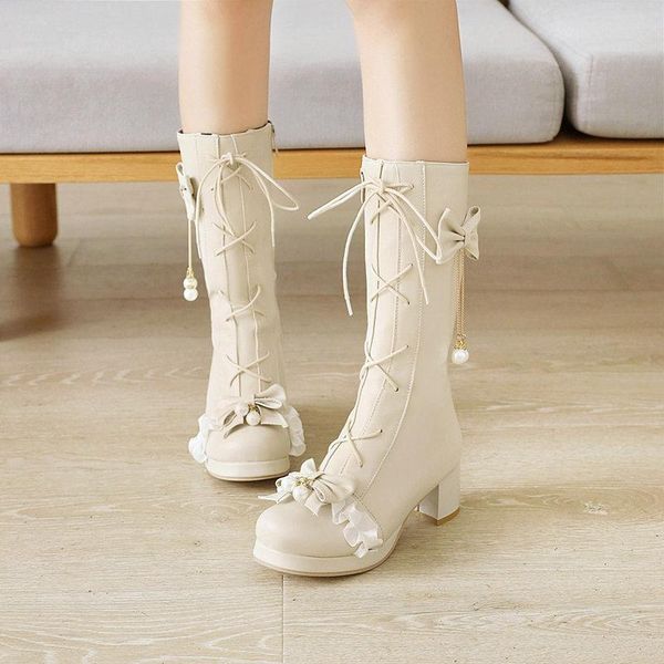 

boots deat 2021 autumn winter fashion casual round toe lace bow high leather single shoes women short cool sf985, Black