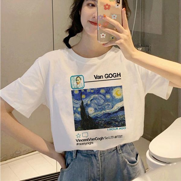 

harajuku van gogh funny t shirt women ullzang 90s aesthetic t shirt graphic grunge korean style tshirt oil art tees female, White