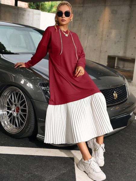 

drop shoulder pleated hem drawstring hoodie dress r2vd#, White;black