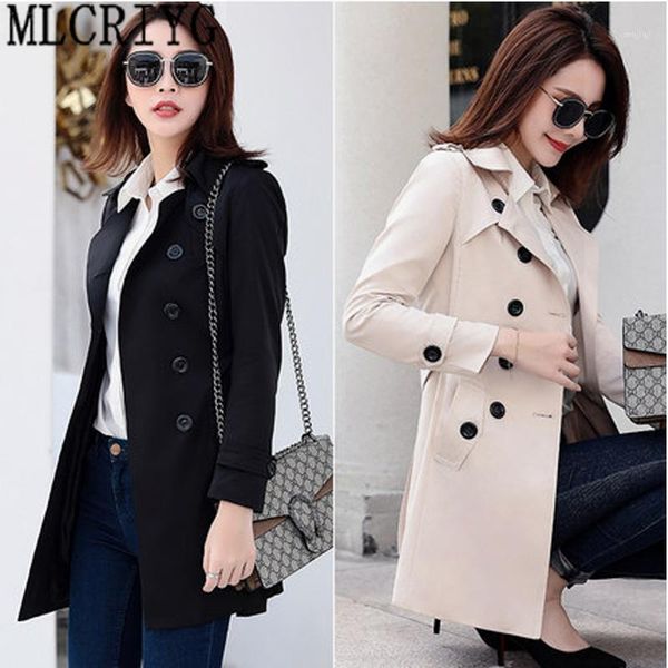 

women's trench coats mlcriyg 2021 classic double breasted black coat women slim long ladies business outerwear plus size 6xl lx3081, Tan;black