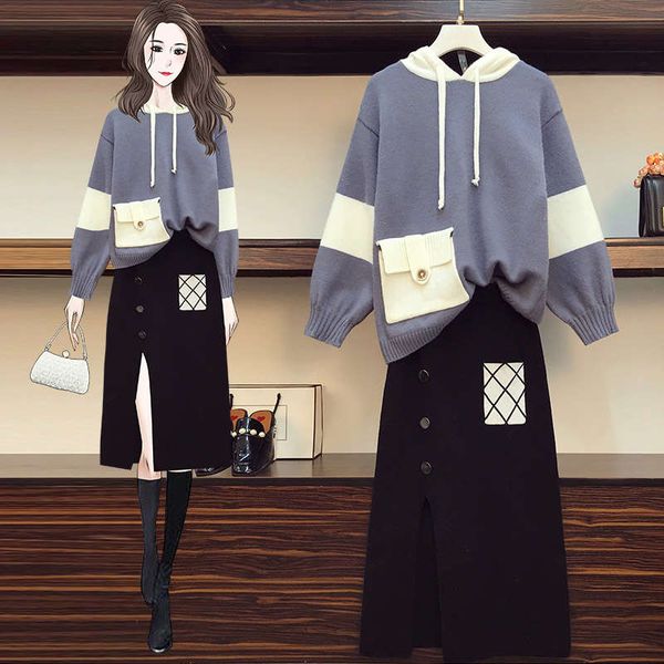 

fat mm knitted sweater suit skirt 2020 new autumn winter large size women's wear foreign style, age reduction and slim two piece set, Black