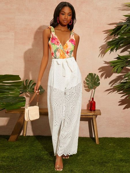 

high waist eyelet embroidery wide leg pants r59n#, Black;white