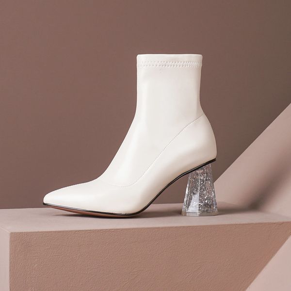 

2021 new square high heel ankle stretch pu flock slip on women shoes autumn winter pointed toe short boots size 34-39 iz6t, Black