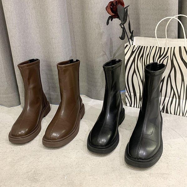 

woman flat boots round toe autumn shoes winter footwear luxury designer boots-women zipper low rock ladies leather 2021 fashion, Black
