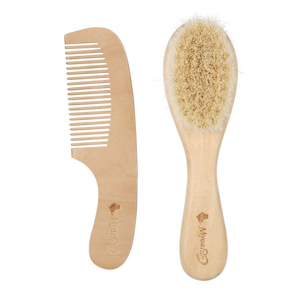 

2pcs baby hair brush comb set newborn hairbrush kit infant comb soft wool hair wooden handle scalp massage, Silver
