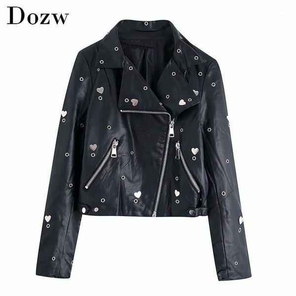 

fashion embroidery lady pu leather coat love circle decorate streetwear jacket women zipper long sleeve black autumn spring1
