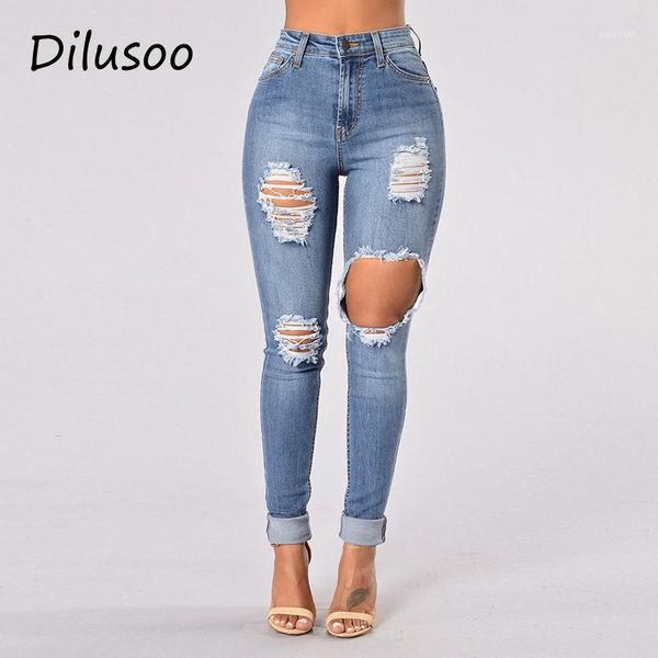 

dilusoo women high waist jeans pants elastic holes ripped jeans 4 season skinny pencil pants woman casual trousers ladies1, Blue