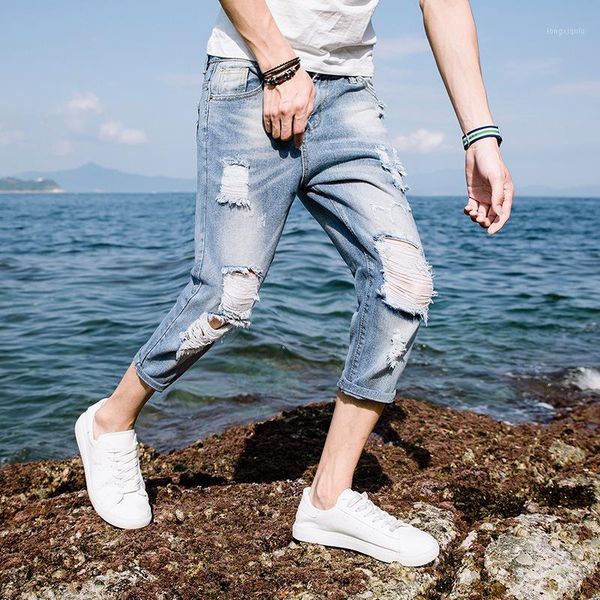 

summer 2021 fashion korean style teenagers street ripped holes slim boys shorts ripped copper ultra-thin jeans calf length pants1, Blue