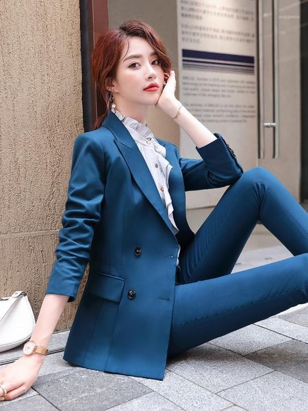 

blue autumn / winter fashion white collar 2-piece suit women's suit coat and trousers pant suits for women work suits1