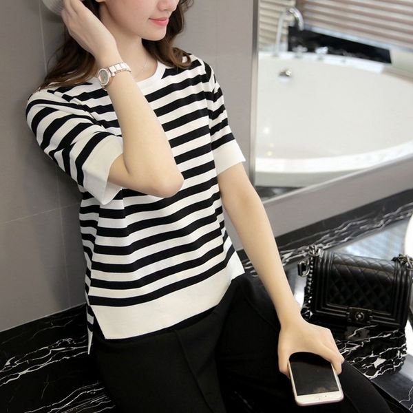 

2020 summer loose large size women's clothing fashion korean style fashion base striped short shirtt-shirt shirt sleeve front short bac, White