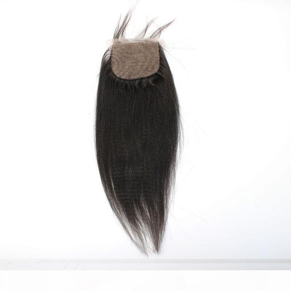 

baby hair in front yaki straight italian yaki human hair brazilian hair silk base closure 4x4 parting 3 part, Black;brown