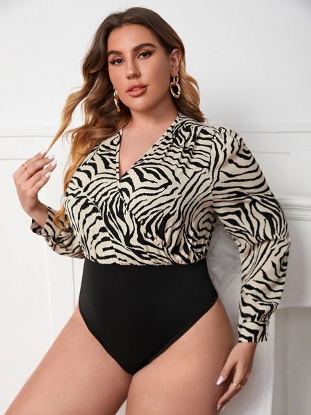 

plus zebra striped surplice neck bodysuit 28kq#, Black