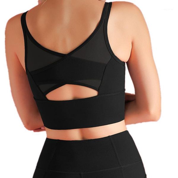 

gym clothing mesh stitching shockproof women sports yoga bras running fitness tank ladies padded gathering crop workout bra1, White;black