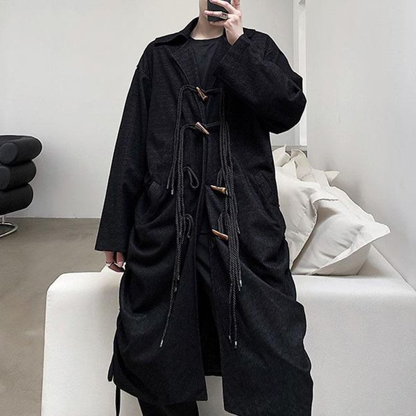 

men's trench coats male japan streetwear gothic punk jacket outerwear men rope horn button side adjustable drawstring long loose casual, Tan;black