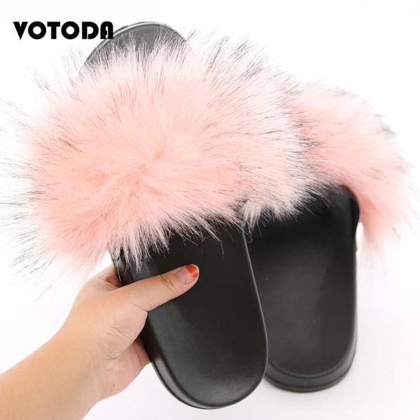 

women faux raccoon fur fluffy slippers furry hair sandals woman flat non slip plush slides casual beach outside shoes, Black