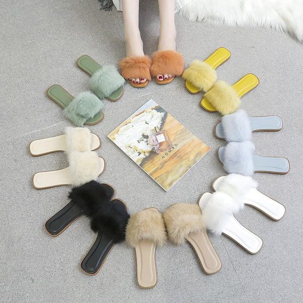 

2020 new spring summer home cotton plush slippers women indoor\ floor flat shoes plush furry summer flats sweet ladies slides1, Black