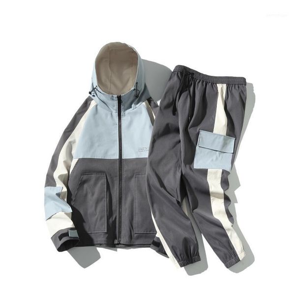 

men's tracksuits 2021 men streetwear hiphop tracksuit harajaku hooded jacket + sweatpants man letter print sets male jogger patchwork o, Gray