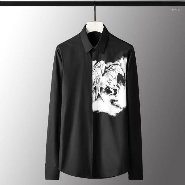 

cotton luxury horse printed long sleeve mens dress plus size 4xl solid color slim fit male shirts1, White;black