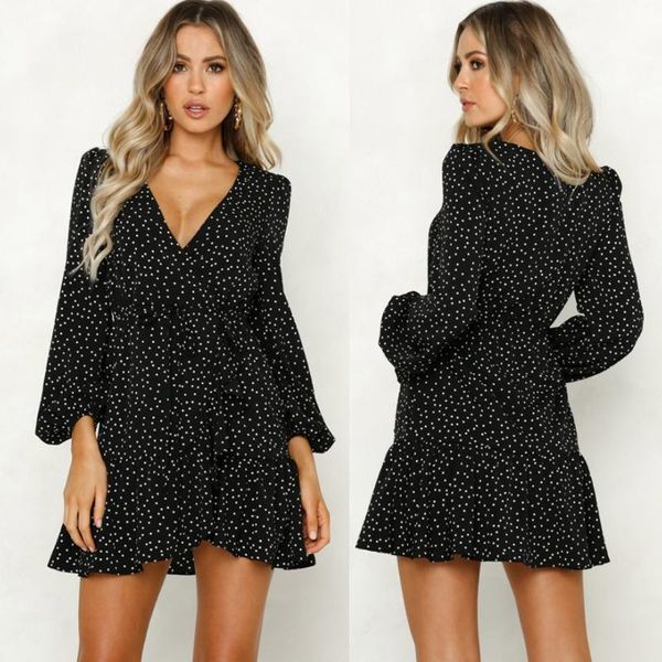 

women v neck polka dot black mini dress vintage autumn winter women long sleeve wrap sress elegant party dresses ladies, Black;gray