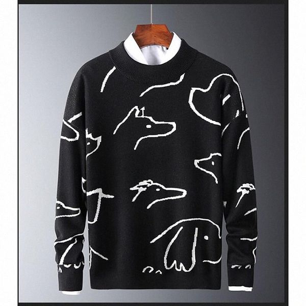 

men's pullover animal long sleeve sweater cardigans crew neck black h8q2#, White;black