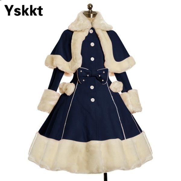 

yskkt women lolita winter coat warm fur collar bowknot dress jacket fashion sweet princess breasted overcoat halloween costume 201212, Black