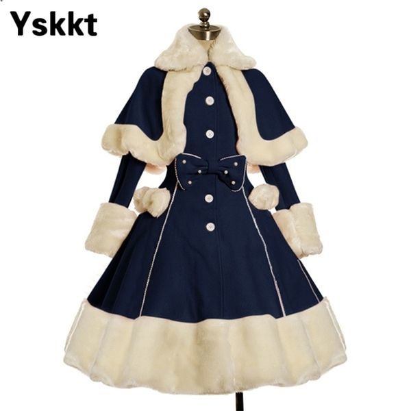 Yskkt Donne Lolita Cappotto invernale caldo collo di pelliccia Bowknot giacca moda dolce principessa petto soprabito Costume di Halloween 201212