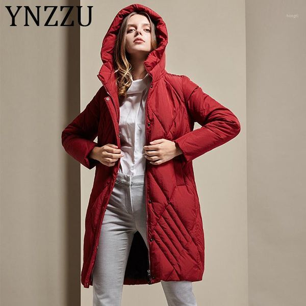 

ynzzu elegant 2020 winter women's down jacket office lady workwear hooded warm 90% white duck down coat outwears plus size a13391, Black