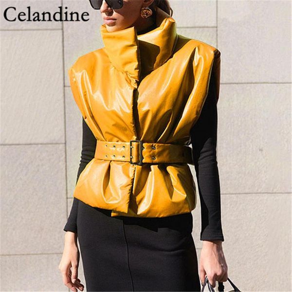 

celandine winter pu leather vest female with belt fashion warm sleeveless jacket women turn-down collar coat waistcoat 2021, Black;white