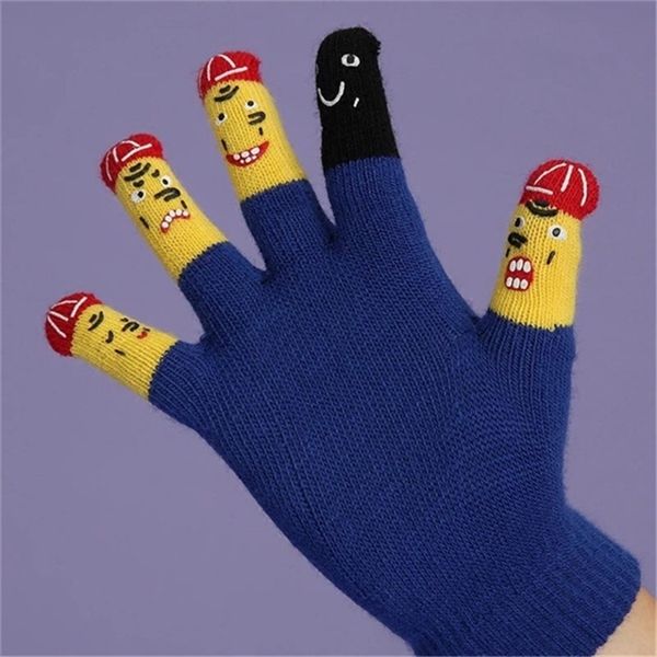 

women' fashion funny expression cute playful knitted gloves female thick thermal warm black wool knitted gloves mittens winter 201019, Blue;gray