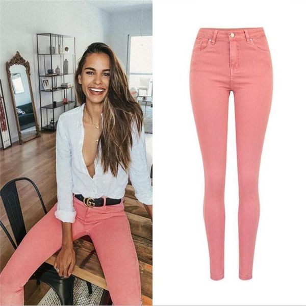 

supsindy women jeans fashion pink stretch skinny jeans woman hips up high waist for women pencil pants denim trousers, Blue