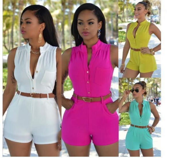 

2020 spring summer new casual off shoulder button waist belted jumpsuit women girls sleeveless playsuit romper plus sizes1, Black;white