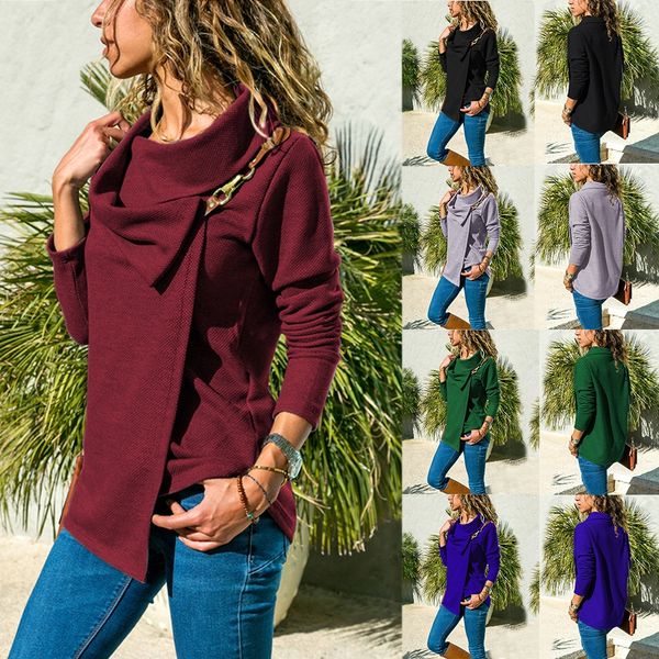 

new large lapel leather button buttont-shirt buttonsmetal button women's wear long sleeve t-shirt in autumn winter 2019 eei65, White