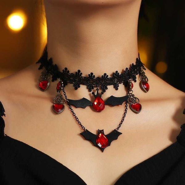 

new fashion halloween bat jewelry women personalized gothic vintage lace flower ruby pendant choker necklaces, Golden;silver