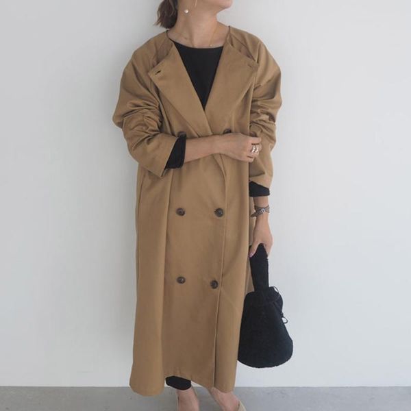 

women's trench coats women elegant long wool coat double breasted loose solid color sleeve chic outerwear ladies autumn blends overcoat, Tan;black