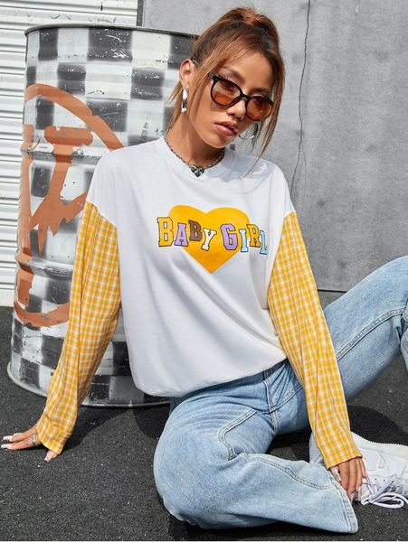 

heart & letter graphic contrast tartan sleeve pullover c9on#, White;black