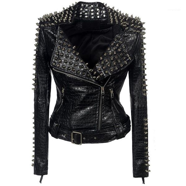 

2020 spring autumn women fashion tide motorcycle style leather jacket female rivet pu coats women outerwear fm0201, Black