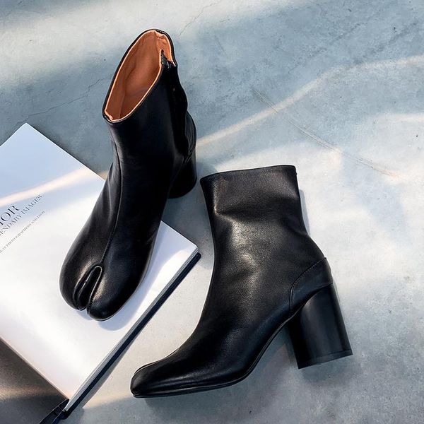 

boots genuine leather women ankle high heels strange toes party dancing casual shoes woman autumn winter short, Black