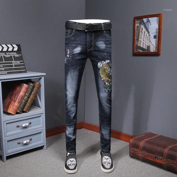 

mens colored jeans trendy fashion design embroidery stretch denim pants straight trousers slim fit jeans men erkek jean pantolon1, Blue