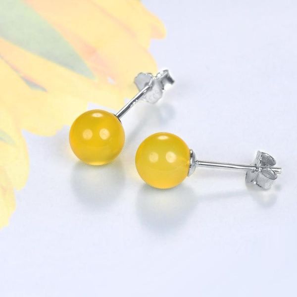 

natural yellow agate round 6mm 925 silver stud earrings natural gemstone fine jewelry fashion style 2 carats agate women's gifts, Golden;silver