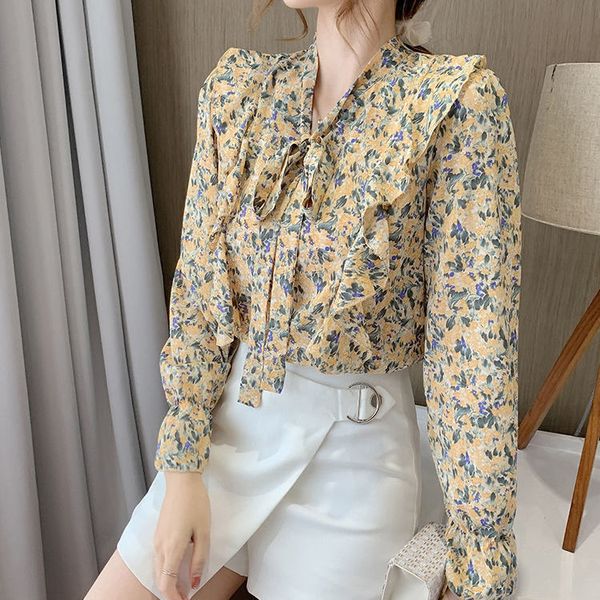 

2020 autumn new chiffon blouse women's long sleeve ribbon lotus leaf printed bow shirt is versatile and slim