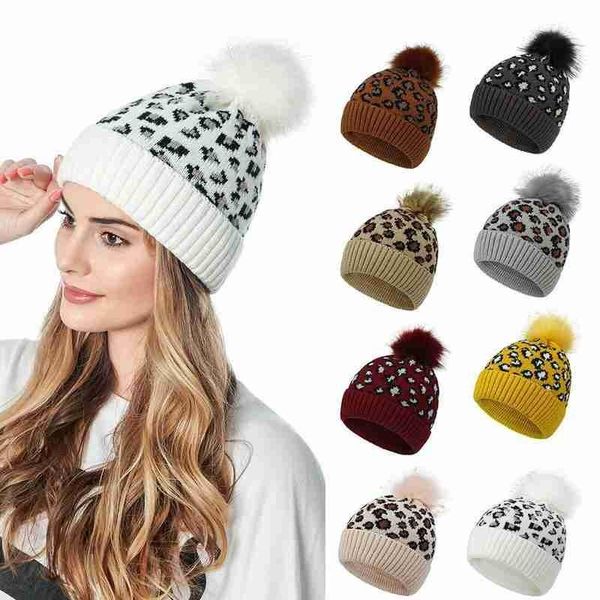 

women fashion leopard knitted hat female beanie cap pompom winter hat for ladies christmas gifts, Blue;gray